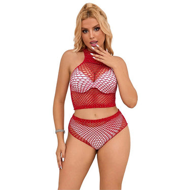 Lingerie Seducente in Rete con Strass Rosso Brillante Per Donna